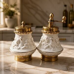 Italian Capodimonte Porcelain Salt Shaker Pepper Grinder Mill Cherubs Cupids 4”